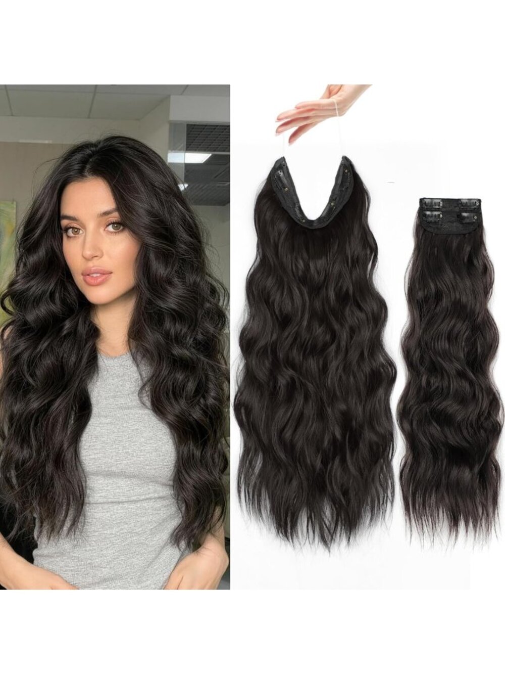 3PCS 22" Invisible Wire & Clip-In Hair Extensions - Natural Black, Volume